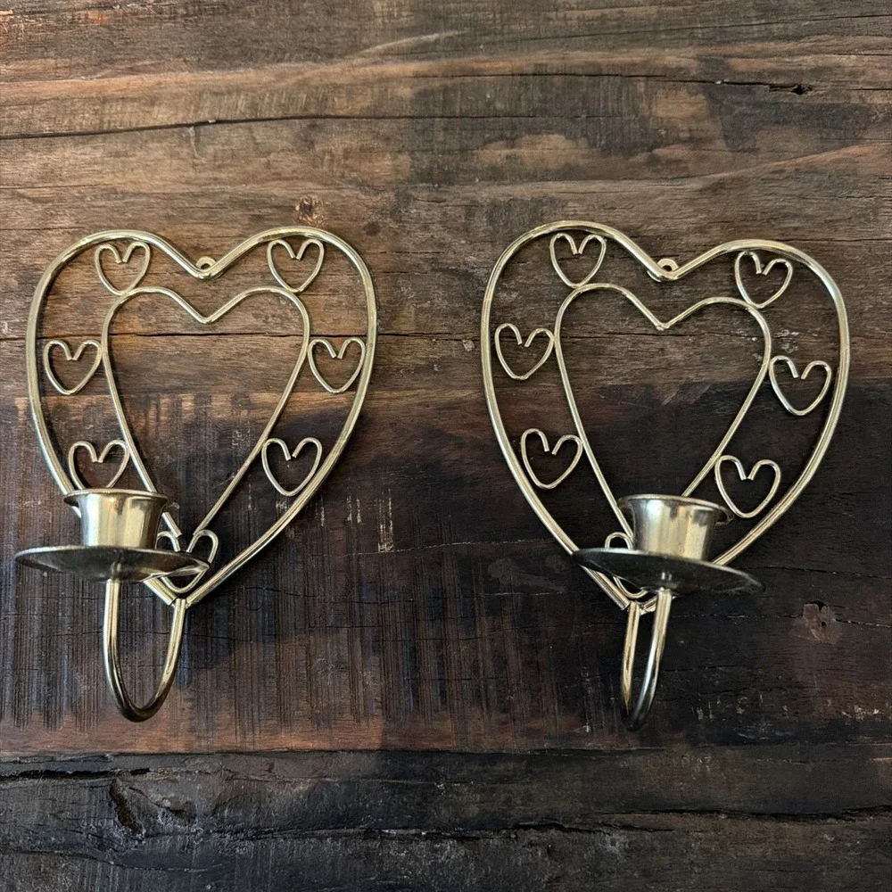 Vintage brass toned Heart-Shaped Wall-Mount Candle Holders Pair sconces retro